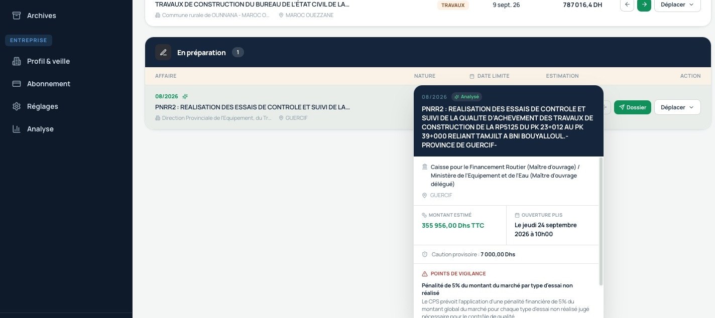 Vos affaires, organisées par étape, détail complémentaire